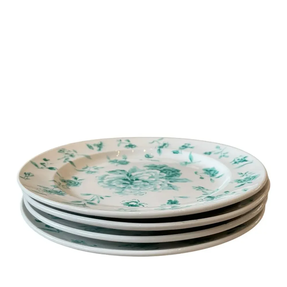 Martha Stewart Floral Salad Plates 8.5in Porcelain Set of 4 Teal White NEW